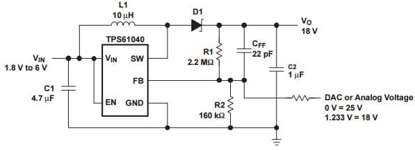 Typical Application Circuit for TPS61040 Low Power DC/DC Boost Converter for LCD Bias Supply With Adjustable Output Voltage