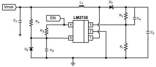 Typical Application Circuit for LM2735X 1.6MHz, VPWR = 9V, Vout = 12V @ 500mA Space-Efficient Boost and SEPIC DC-DC Regulator