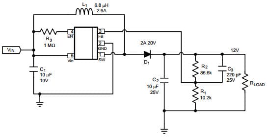 Typical Application Design Example-1 for LMR62421 at Vin = 3V - 5V, Vout = 12V @ 500 mA Simple Switcher Step-Up Voltage Regulator