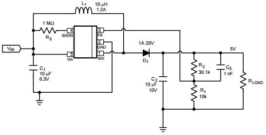 Typical Application Design Example-1 for LMR62421 at Vin = 3V, Vout = 5V @ 500 mA Simple Switcher Step-Up Voltage Regulator