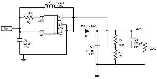 Typical Application Design Example-1 for LMR62421 at Vin = 3.3V, Vout = 20V @ 100 mA Simple Switcher Step-Up Voltage Regulator