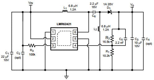 Typical Application Design Example-1 for LMR62421 at Vin = 2.7V - 5V, Vout = 3.3V @ 500mA Simple Switcher Step-Up Voltage Regulator