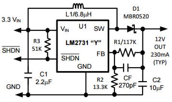 Typical Application Circuit for LM2731Y Boost Converter With 22V Internal FET Switch for White LED Flash Application