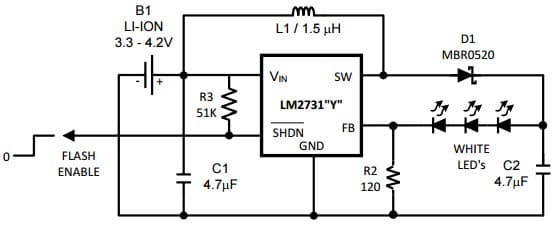 Typical Application Circuit for LM2731Y Boost Converter With 22V Internal FET Switch for White LED Flash Application