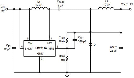 Typical Application Circuit for LM2611 9V to -5V Inverting Converter