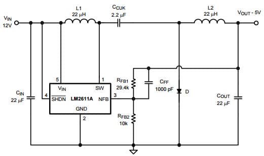 Typical Application Circuit for LM2611 12V to -5V Inverting Converter