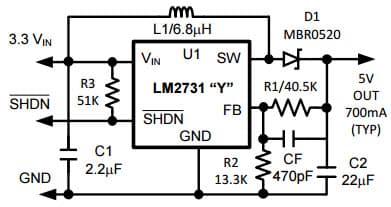 Typical Application Circuit for LM2731Y Boost Converter With 22V Internal FET Switch for White LED Flash Application