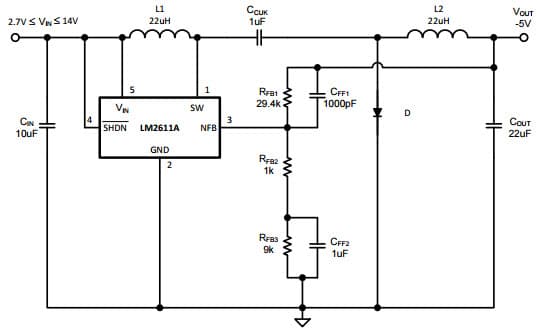 Typical Application Circuit for LM2611 1.4MHz Cuk Converter for High Current Schematic