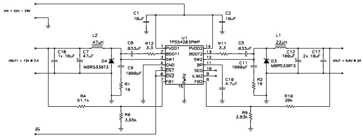 Typical Application Circuit for 24V to 12V and 24V to 5V Using the TPS54283 2A Dual Non-Synchronous Converter With Integrated High-Side Mosfet