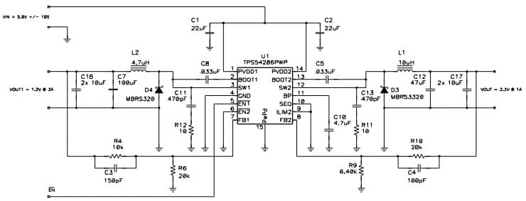 Typical Application Circuit for 5V to 3.3V and 5V to 1.2V Using the TPS54283 2A Dual Non-Synchronous Converter With Integrated High-Side Mosfet