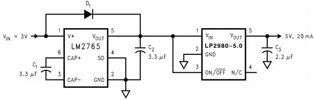 Typical Application Circuit for LM2765 Switched Capacitor Voltage Converter for Generate a Regulated +5V from +3V Input Voltage