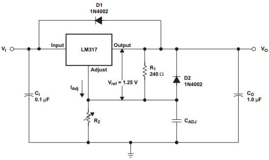 Typical Application Circuit for LM317 3-Terminal Adjustable Voltage Regulator