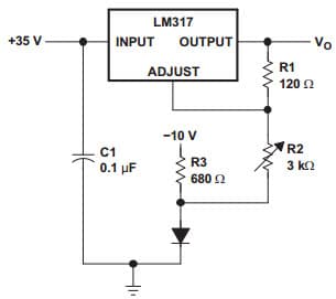 Typical Application Circuit for LM317 0V to 30V Adjustable Voltage Regulator