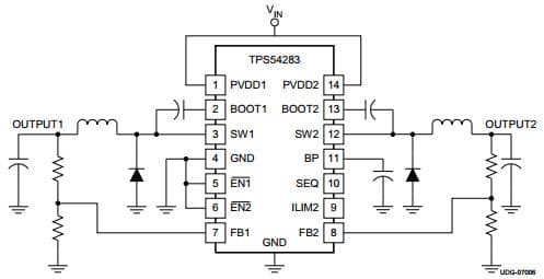 Typical Application Circuit for TPS54283 2A Dual Non-Synchronous Converter With Integrated High-Side Mosfet