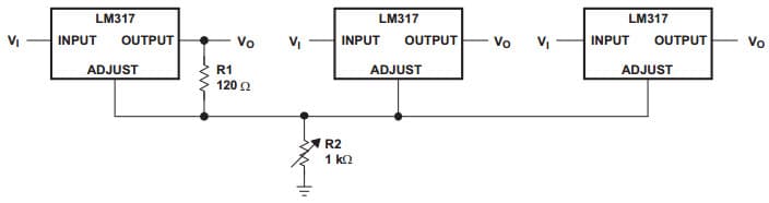 Typical Application Circuit for LM317 Adjusting Multiple On-Card Regulators With a Single Control