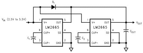 Typical Application Circuit for LM2665 Switched Capacitor Voltage Converter for Lowering Output Resistance by Paralleling Devices