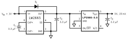 Typical Application Circuit for LM2665 Switched Capacitor Voltage Converter for Generate a Regulated +5V from +3V Input Voltage