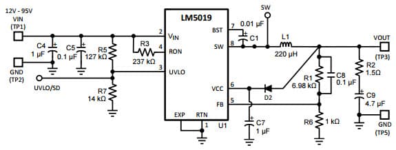 Typical Application Circuit for LM5019 12.5V to 95V Input and 10V, 100mA Output Buck Converter