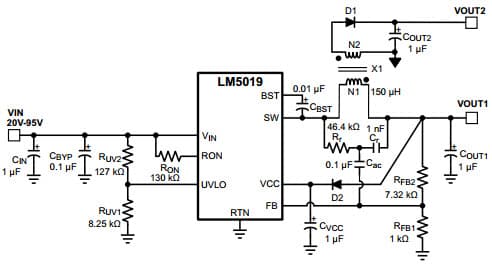 Typical Application Circuit for LM5019 20V to 95V Input and 10V, 100mA Output Isolated Fly-Buck Converter