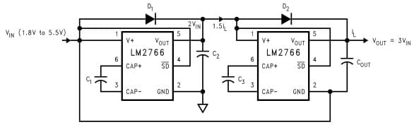 Typical Application Circuit for LM2766 Switched Capacitor Voltage Converter for Increasing Output Voltage by Cascading Devices