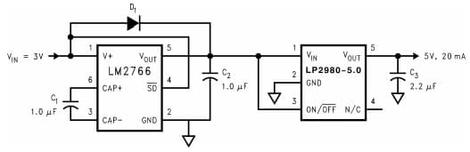 Typical Application Circuit for LM2766 Switched Capacitor Voltage Converter for Generate a Regulated +5V from +3V Input Voltage