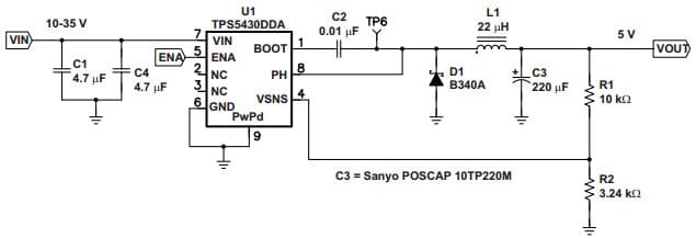 Typical 10V - 35V Input to 5V Output Application Circuit for TPS5430 3A Wide Input Range Step-Down SWIFT Converter