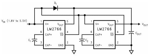 Typical Application Circuit for LM2766 Switched Capacitor Voltage Converter for Lowering Output Resistance by Paralleling Devices