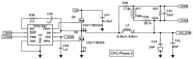 Typical Application Circuit for TPS59650 Step-Down Controller for 3-Phase CPU with Inductor DCR Current Sense