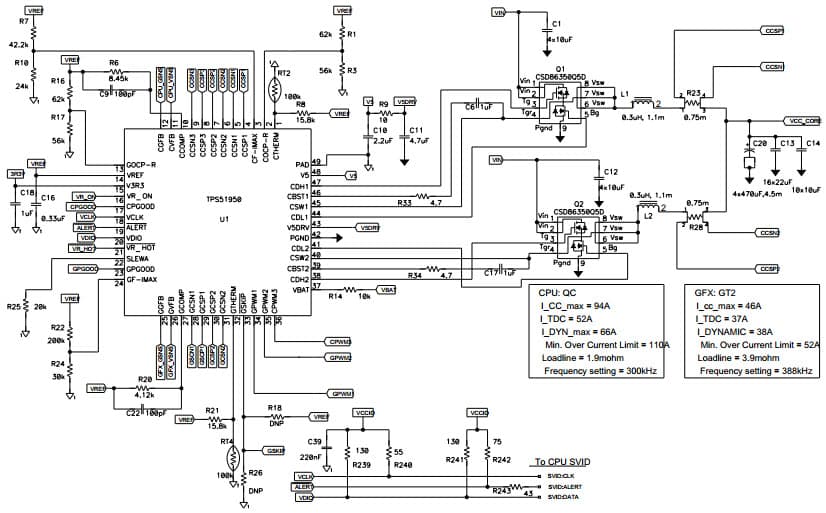 Typical Application Circuit for TPS59650 Step-Down Controller for Inductor DCR Current Sense Application Diagram for 2-Phase CPU and GPU Disabled