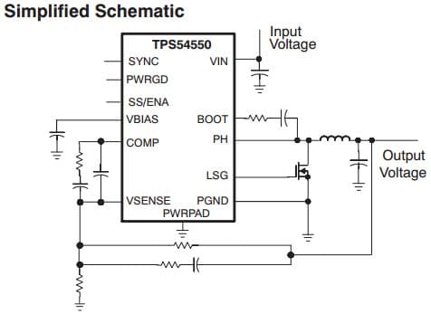 Typical Application Circuit for TPS54550 4.5V to 20V Input, 6A Output Synchronous PWM Switcher With Integrated FET (SWIFT)