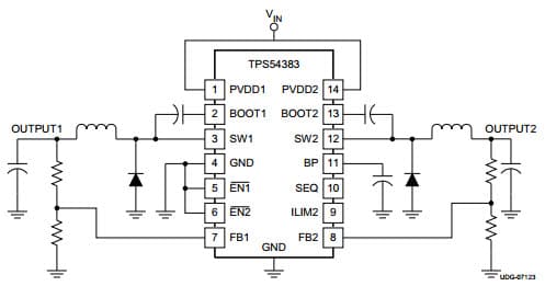 Typical Simplified Application Circuit for TPS54386 3-A Dual Non-Synchronous Converter With Integrated High-Side Mosfet