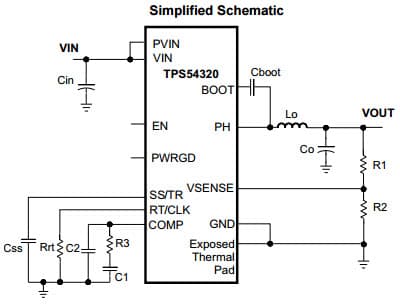 Typical Application Circuit for TPS54320 4.5V to 17V Input, 3A Synchronous Step Down SWIFT Converter