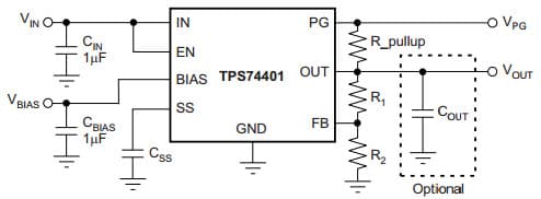 Typical Application Circuit for TPS74401 3.0A Ultra-LDO with Programmable Soft-Start