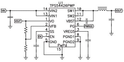 Typical Application Circuit for TPS54426 4.5V to 18V Input, 4A Synchronous Step-Down SWIFT Converter with Eco-Mode