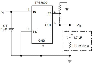 Typical Application Circuit for TPS76901-HT Ultra Low-Power 100ma Low Dropout Linear Regulators