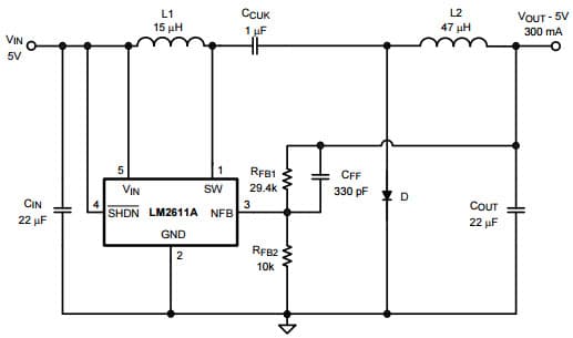 Typical Application Circuit for LM2611 1.4MHz Cuk Converter