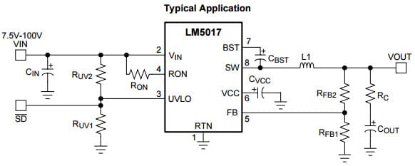 Typical Application Circuit for LM5017 100V, 600mA Constant On-Time Synchronous Buck Regulator