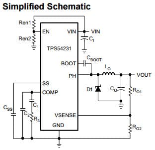 Typical Application Circuit for TPS54231 DC to DC Converter and Switching Regulator Chip