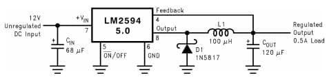 Typical Application Circuit for (Fixed Output Voltage Versions) for LM2594 Simple Switcher Power Converter, Step-Down Voltage Regulator