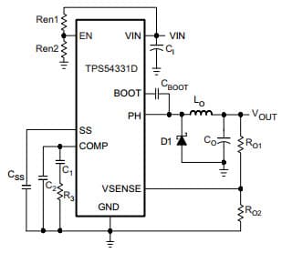 Typical Application Circuit for TPS54331 3A, 28V Input Step Down SWIFT DC/DC Converter With Eco-Mode