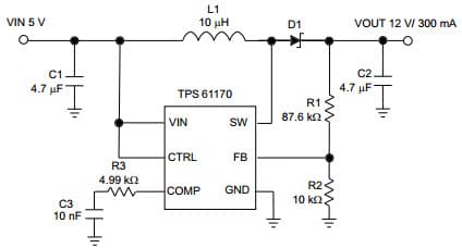 Typical Application Circuit for TPS61170 DC to DC Converter and Switching Regulator Chip