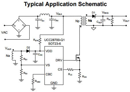 Typical Application Circuit for UCC28700-Q1 Constant-Voltage, Constant-Current Controller With Primary-Side Regulation