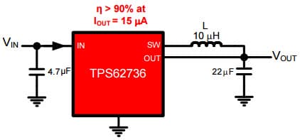 Typical Application Circuit for TPS62737 Programmable Output Voltage Ultra-Low Power Buck Converter with up to 50mA/200mA Output Current