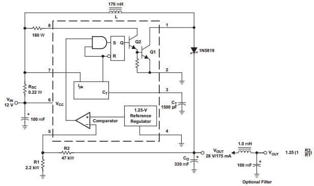 Typical Application Circuit for MC33063A-Q1 Step-Up Switching Regulator