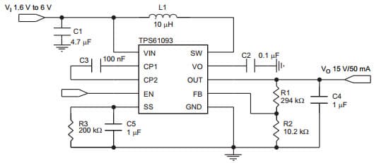 Typical Application Circuit for TPS61093 DC to DC Converter and Switching Regulator Chip