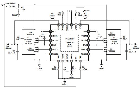 Typical Simplified Application Circuit for TPS53126 Dual Synchronous Step-Down Controller for Low Voltage Power Rails