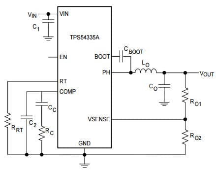 Typical Application Circuit for TPS54335A 4.5 to 28V Input, 3A Output Synchronous SWIFT Step-Down DC-DC Converter