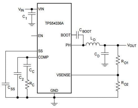 Typical Application Circuit for TPS54336A 4.5 to 28V Input, 3A Output Synchronous SWIFT Step-Down DC-DC Converter