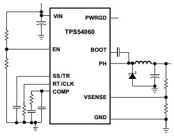 Typical Application Circuit for TPS54060 0.5A, 60V Step Down SWIFT Dc/Dc Converter With Eco-Mode