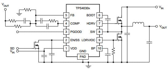 Typical Application Circuit for TPS40303 3V to 20V Input Synchronous Buck Controller